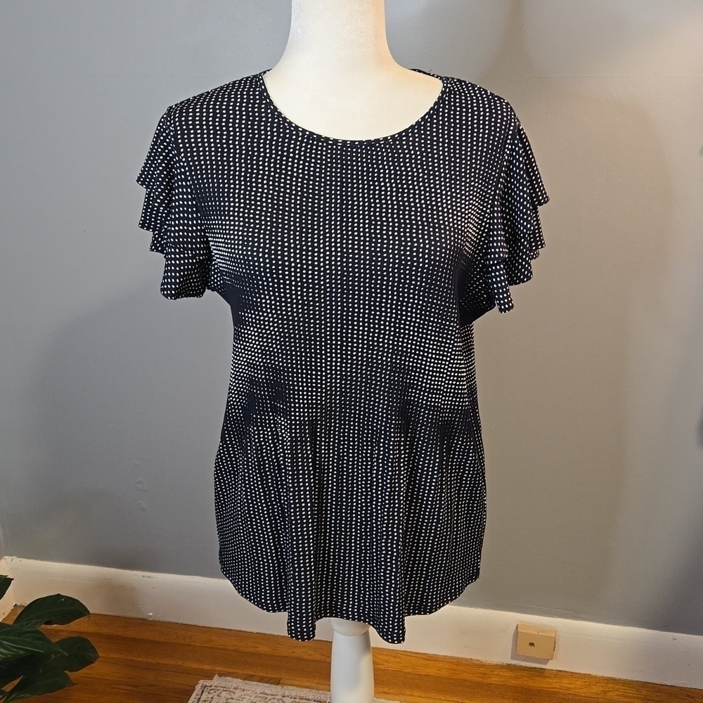 Adrianna Pappel Navy and Ivory Pleated Knit Double Sleeve Polka Dot Top Sz S